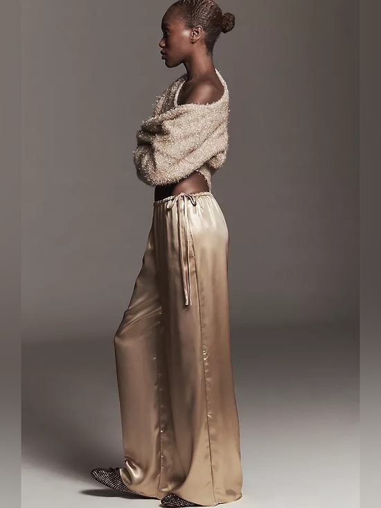 Anthropologie Pants - Anthropologie Luxe Satin Wide Leg Champagne Tie Waist